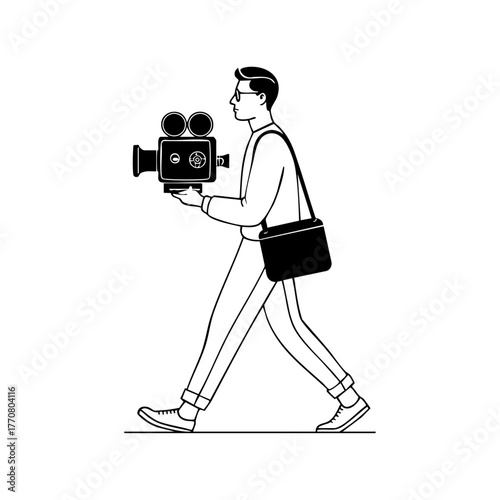 A young filmmaker walking with a vintage movie camera, symbolizing creativity, filmmaking, and independent cinema.