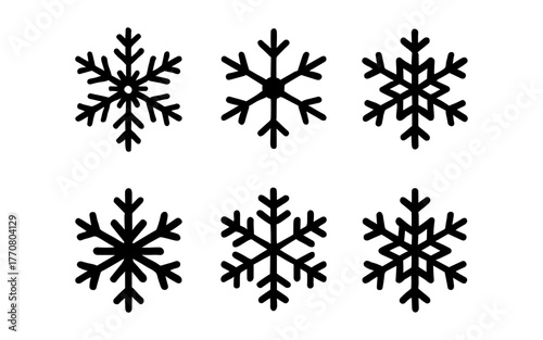 Minimalist black snowflake icons set for winter designs