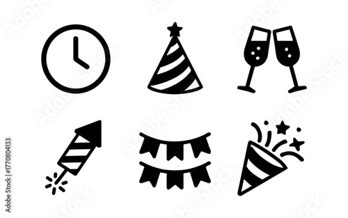 Festive celebration icons: clock, party hat, champagne glasses, fireworks, bunting, confetti popper