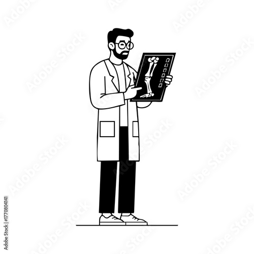 A radiologist studying a leg X-ray image, representing medical diagnostics, orthopedics, and patient treatment analysis.