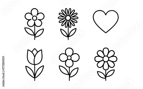 Minimalist floral and heart icons in black outline for design projects