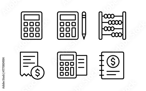 Simple line icons: calculator, abacus, receipt, and finance tools