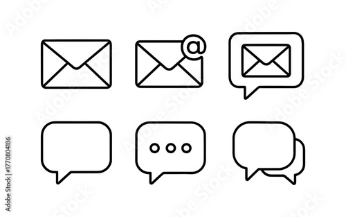 Email and chat icons set in minimalist outline style for digital communication