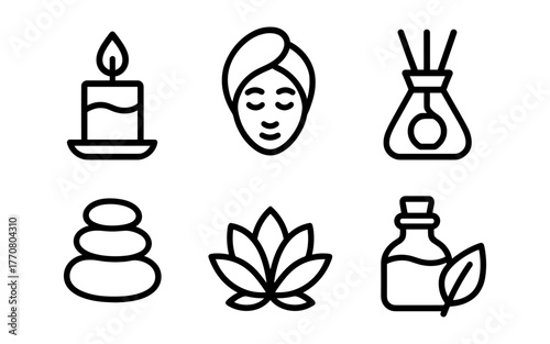 Minimalistic spa icons set featuring candle, aroma diffuser, and relaxation elements