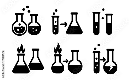 Chemistry icons set: laboratory flasks and test tubes with reactions