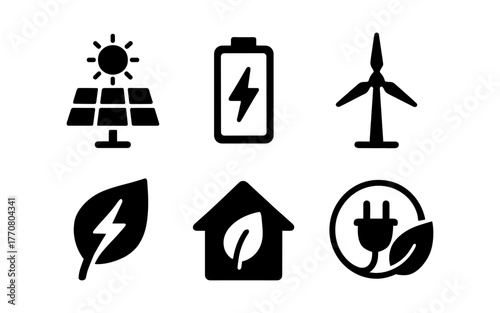 Renewable energy icons set: solar panels, battery, wind turbine, leaf, home, plug