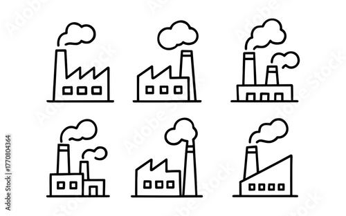Minimalist factory icon set with smokestacks and outline style for industrial themes