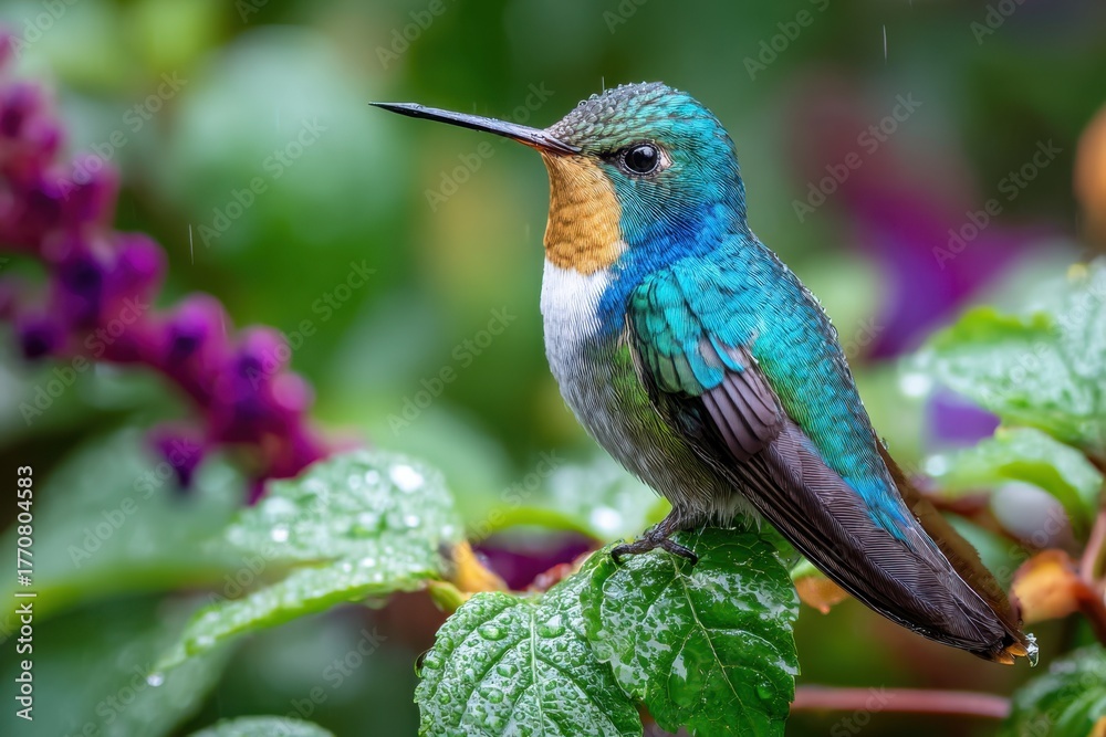 Fototapeta premium Tiny Hummingbird Perched on Wet Leaf in Rain