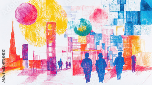 Vibrant crayon drawing depicting futuristic cityscape with colorful geometric shapes and silhouettes of people walking. scene evokes sense