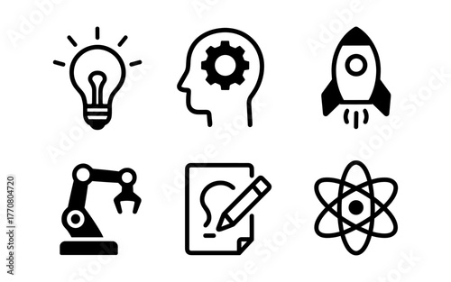 Innovation icons: light bulb, human head, rocket, gear, robotic arm, atom