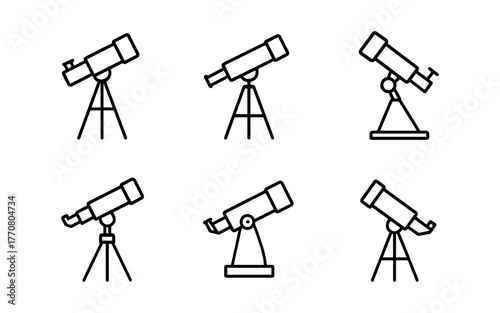 Set of six linear telescope icons on tripod stands for astronomy exploration