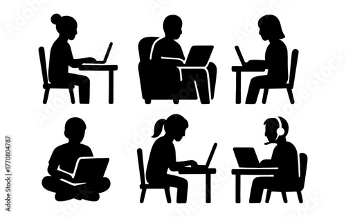 Remote work silhouettes: diverse home office and study scenes