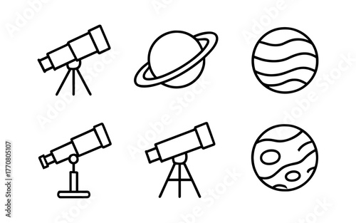 Linear astronomy icons featuring telescopes and planets