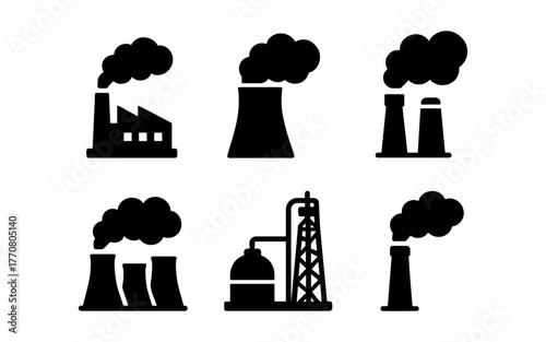 Industrial silhouette set featuring various factories and power plants