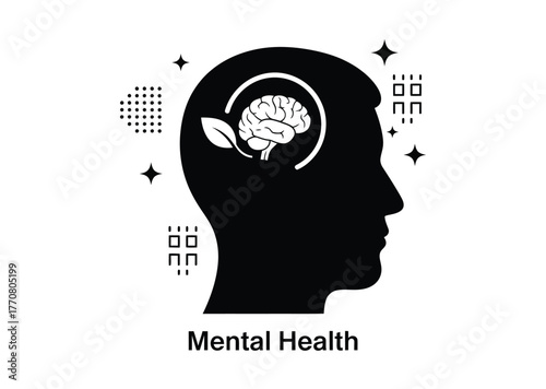 Mental health awareness concept with brain leaf inside the head silhouette promoting psychological wellbeing and positive thinking