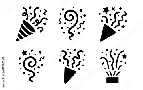 Celebration icons: festive black silhouettes of party poppers and confetti