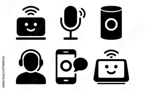 Smart gadget silhouettes: chatbot, microphone, smartspeaker, headset, smartphone icons