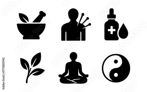 Silhouette icons of alternative medicine: acupuncture, herbal remedies, and meditation