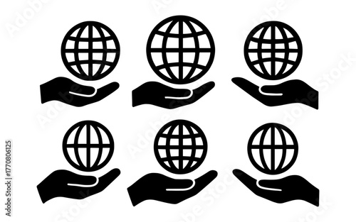 Globe in hand icons set highlighting global care and responsibility