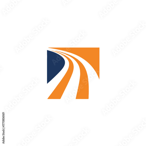 A stylized graphic of a road curving into a square frame.