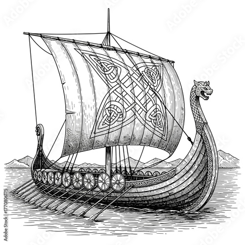 Detailed black and white sketch of a Viking longship sailing.