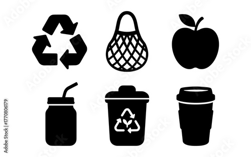 Silhouette icons of recycling and sustainable lifestyle items