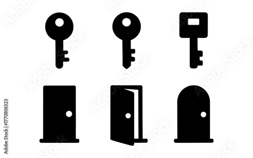 Silhouette keys and door icons for security and home design concepts