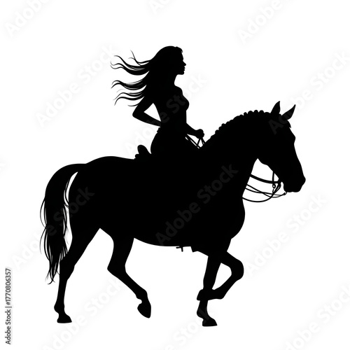 Black silhouette of a woman riding a horse on a white background