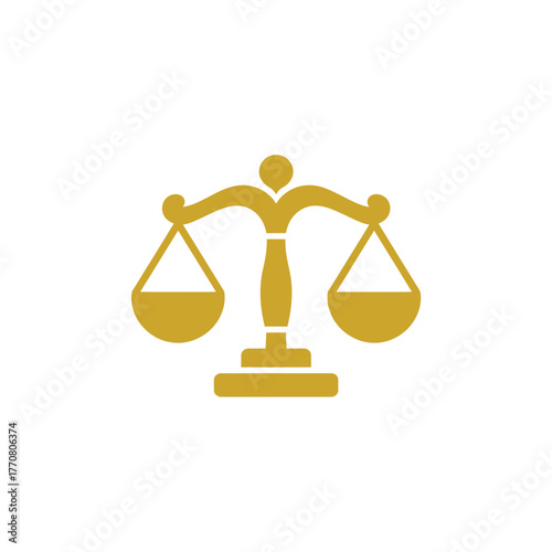 A golden graphic symbol of a balanced scale represents justice and fairness.