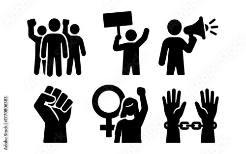 Silhouette icons of social activism: protests, feminism, freedom