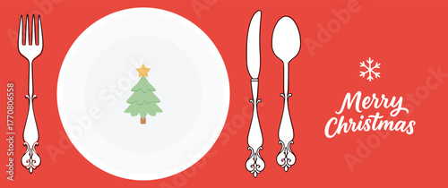 christmas dinner plate with tree icon, vintage fork knife spoon on red festive banner with merry christmas lettering, minimal flat vector winter holiday table setting background..