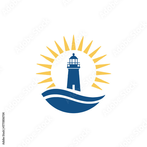 A lighthouse stands tall above the waves under a radiating sun.