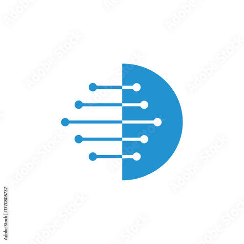 Digital data streams emanating from a blue semi-circle on a white background.