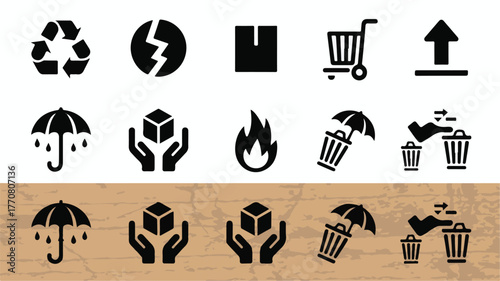 Black and white shipping and handling icons recycling fragile