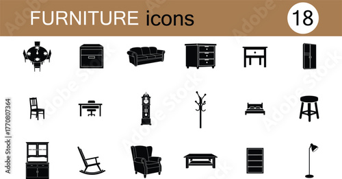 Collection of simple modern furniture icons set for interior design and web applications