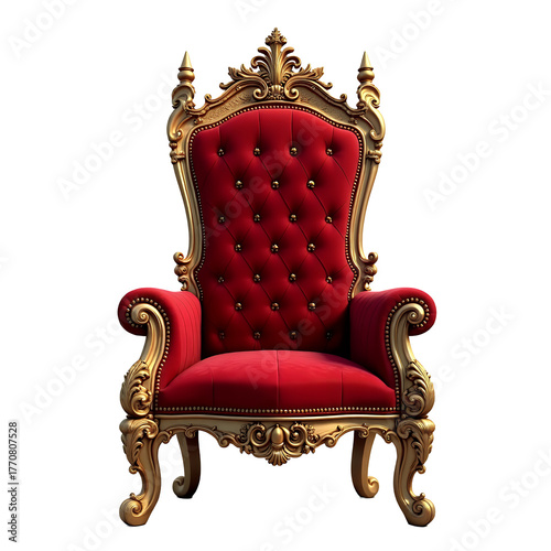 Ornate red velvet throne with gold trim isolated on a transparent background royal