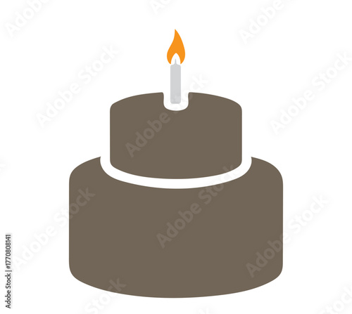 A simple, stylized illustration of a twotiered chocolate cake with a single lit candle on top