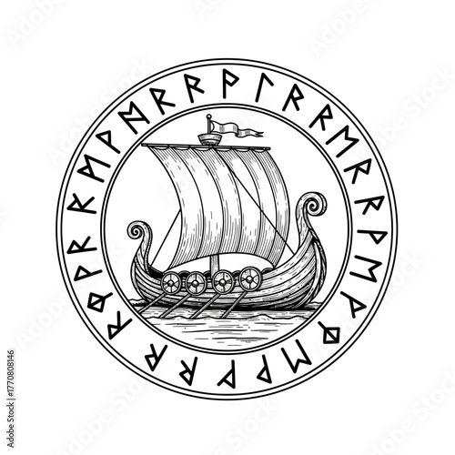 Hand drawn Viking longship sailing within a circular runic frame.