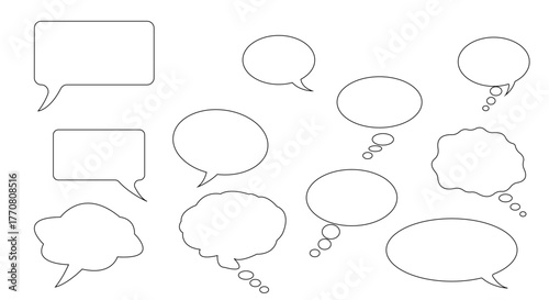 Collection of various empty speech bubbles and thought bubbles in outline form on a, perfect for comic or communication design