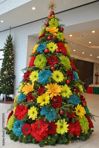 Festive Floral Design – Flower Christmas Tree with Spring Blooms and Warm Color Palette