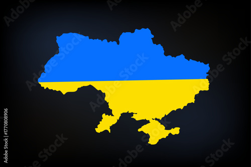 Map of Ukraine on a black background flat map in the colors of the country flag