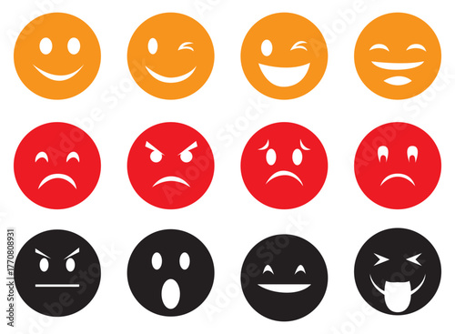 Collection of smiley face icons representing different emotions, isolated on a