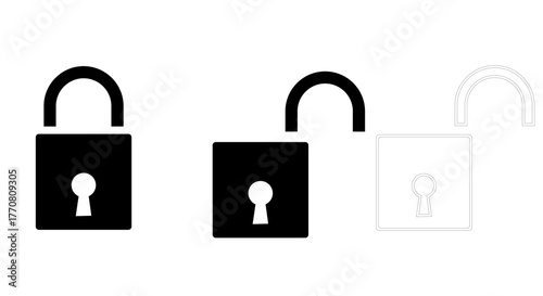 Set of three padlock icons, one locked, one unlocked, and one outline
