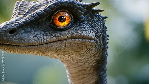 Intense gaze of a juvenile raptor, creature of prehistoric era, digital render