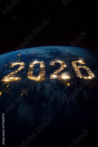 celebrate 2026 with written from lights in the night on earth, glowing citylights, global new years eve, portrait format, photorealistic