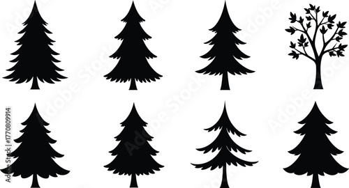 Collection of pine tree and forest silhouette design, black vector illustration of evergreen and leaf trees, nature forest landscape art