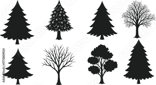 Collection of pine, leaf, and winter tree silhouettes, black vector illustration for nature design, forest landscape, and outdoor decoration