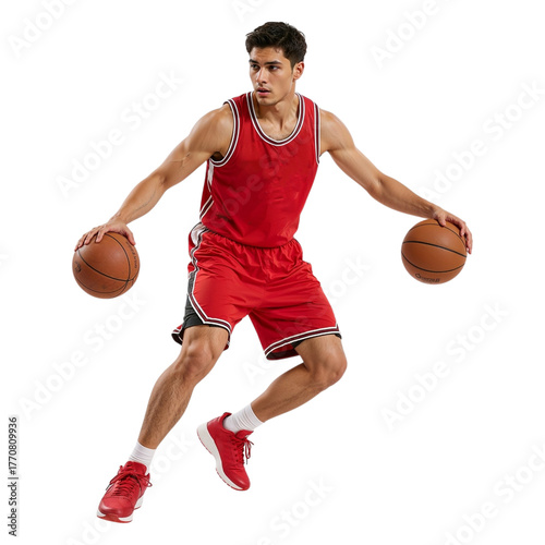 Basketball player dribbling two balls isolated on white background