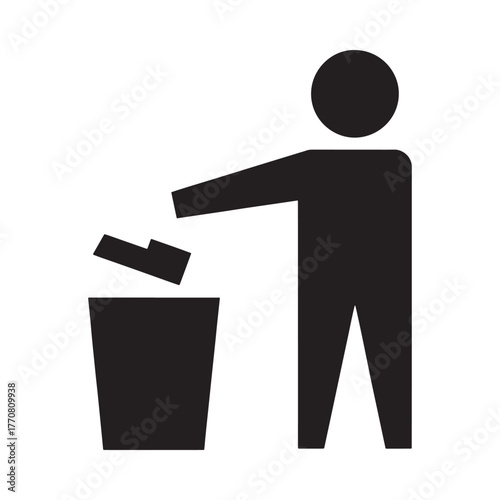 Simple black silhouette of a person throwing trash into a waste bin icon