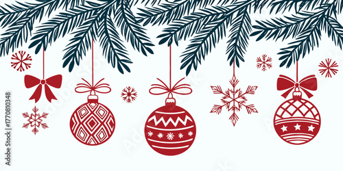 Seamless Christmas pattern design with dark fir branches, hanging festive baubles, and pink snowflakes, vector illustration.